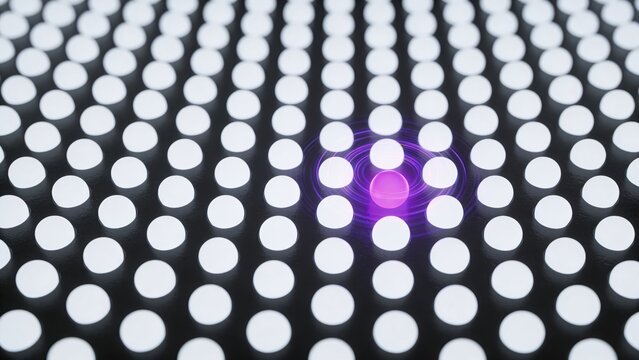 Grid of white dots with one vibrating purple anomaly on black background representing uniqueness and deviation concept
