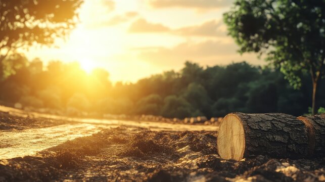 Felled tree trunk rests on ground as sun sets over a deforested forest landscape