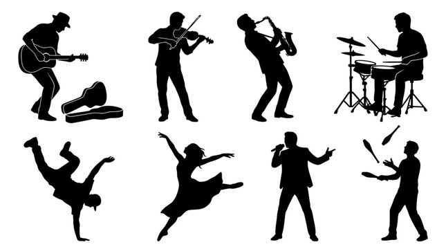 Silhouettes of musicians and dancers performing.
