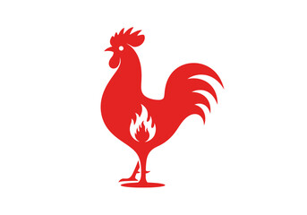 Red rooster silhouette with flame symbol for spicy chicken logo © yan