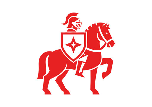 Red medieval knight on horseback with shield logo icon