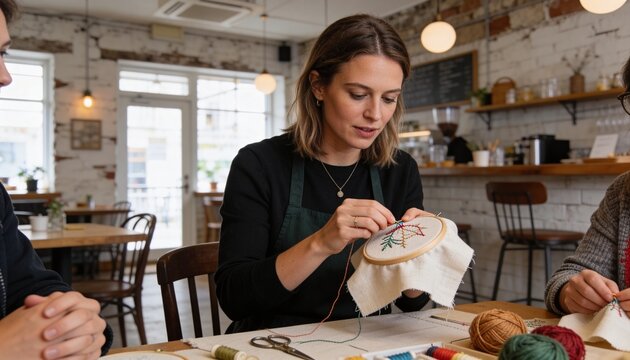 Woman practicing hand embroidery in a cozy cafe workshop. Creative person stitching botanical pattern on fabric with hoop and needle. Handmade craft and needlework hobby concept
