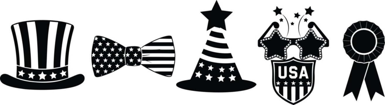 Patriotic party accessories including uncle sam hat bow tie and glasses vector illustration.