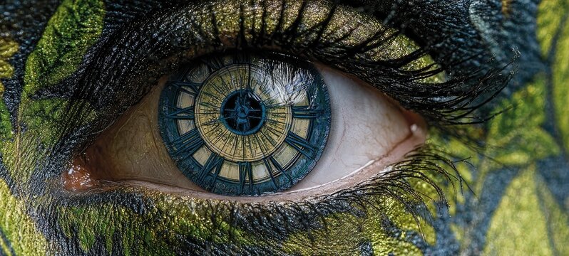 Close-up of a human eye with a clock face reflected in the iris, surrounded by green foliage.
