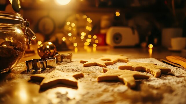 Freshly Baked Christmas Star Cookies and Dough on a Kitchen Counter with Cozy Holiday Lights