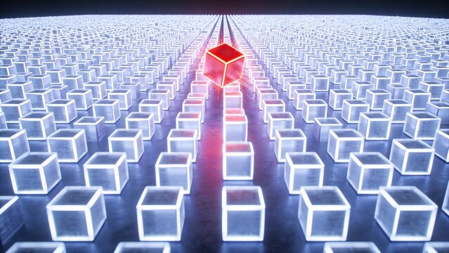 Glowing red anomaly cube stands out in endless grid of blue illuminated blocks