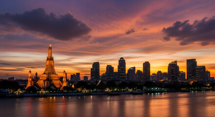 Fototapeta premium Evening cityscape with illuminated temple and modern buildings against sunset sky
