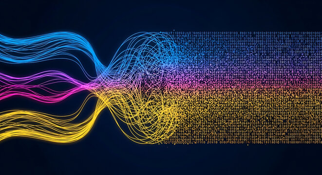 Abstract digital data flow background with colorful particle trails representing information processing technology abstract connection particles information internet communication background