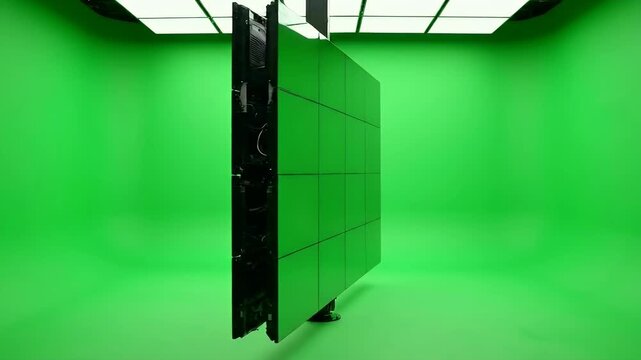 A large, modular green screen studio setup is showcased with a grid of panels under bright studio lighting, ideal for visual effects and filmmaking.
