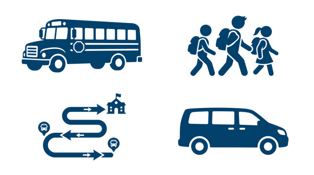 School Transportation Icons: Bus, Van, Students, Route Map