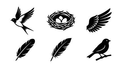 Obraz premium Bird Icons: Nest, Flying Bird, Wings, Feathers, Perched Bird Silhouette