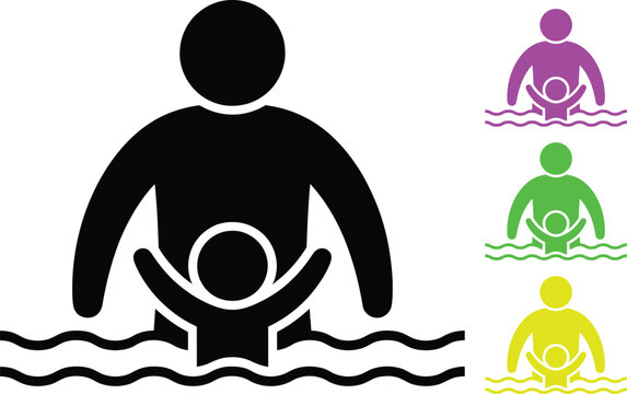 Illustrations of adults assisting children in swimming and water safety techniques