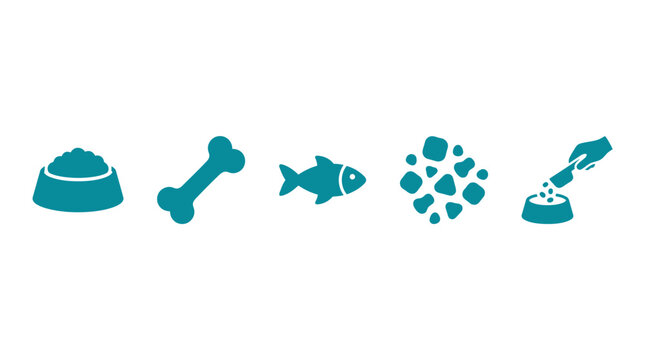 Pet Food Icons: Bowl, Bone, Fish, Kibble, Serving Spoon