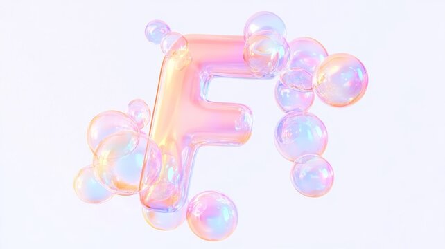 Holographic floating letter f with iridescent blobs for creative design