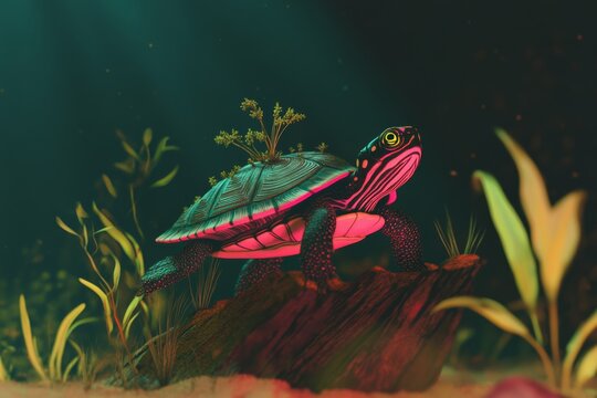Enchanting turtle in underwater world with lush vegetation