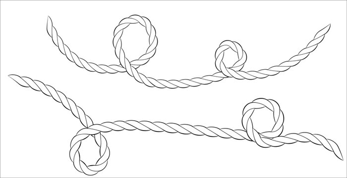 Set of wavy nautical rope squiggle lines pattern with flowing curves and tangles. Marine cable pattern for sailor design. Hand drawn sketch continuous line doodle form wavy elements. Marine rope brush