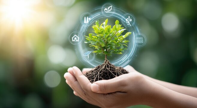 Hands holding a small plant with roots and digital icons representing sustainability and growth.