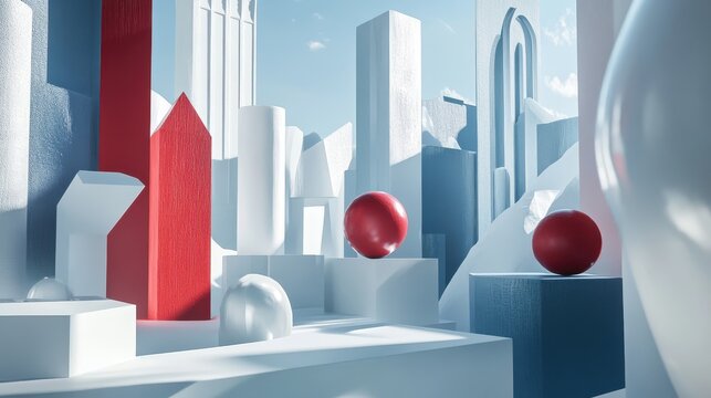 Modern Geometric Architectural Forms and Spheres in a Minimalist Abstract Cityscape Setting with Red Accents
