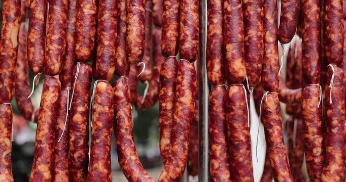 Traditional Chinese lunar new year food: dried sausage in chengdu city,China