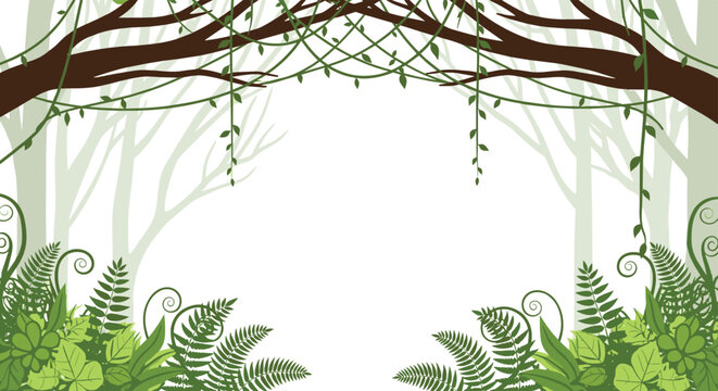 Tropical jungle frame with lush green leaves, hanging vines, and ferns against a white background with faint silhouettes of trees in the distance.