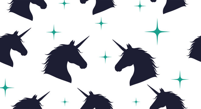 Seamless pattern featuring silhouettes of unicorn heads and twinkling four-pointed stars on a clean white background for kids and nursery decor.