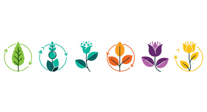 Ecology themed circular logos and icons with leaves, flowers, and recycling symbols in vibrant colors for environmental awareness and green brand.