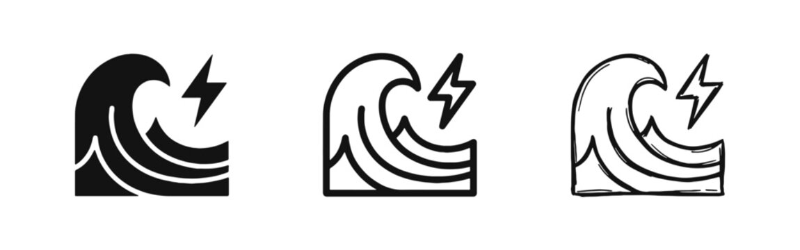 Stormy Sea Wave with Lightning Bolt Icons Symbolizing Power and Energy