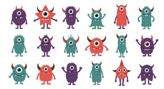 Large set of colorful and cute little monsters or aliens with one eye, horns, and funny shapes for kids design.
