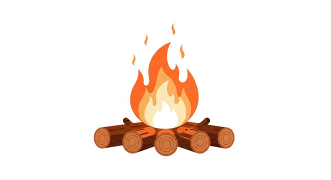 Campfire with burning logs and flames on white background.