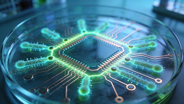 Glowing green circuit board in a petri dish with bacteria growing in a microchip pattern on a dark background with blue lighting