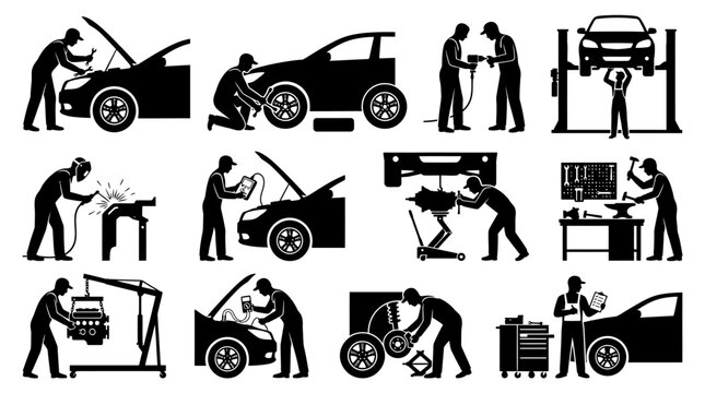 Black car repair icons set, mechanic silhouettes at work