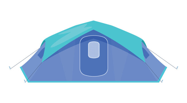An illustration of a camping tent showing a simple design in a blue and turquoise color scheme suitable for outdoor activities.