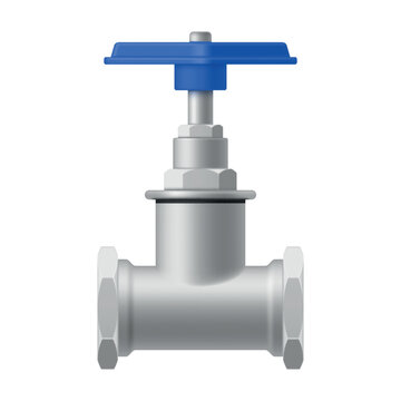 An industrial ball valve with a simple white background, metal body, and blue handle. Used in various gas and oil pipeline systems.