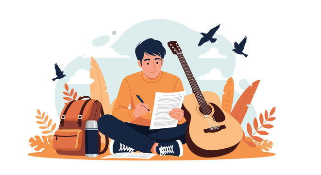 Young male musician sitting cross-legged on the ground while writing music lyrics with an acoustic guitar and travel gear outdoors.