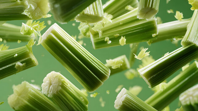 Crunchy celery stalk pieces suspended in motion with fresh green fibers and juice droplets conveying energetic freshness and vibrant texture