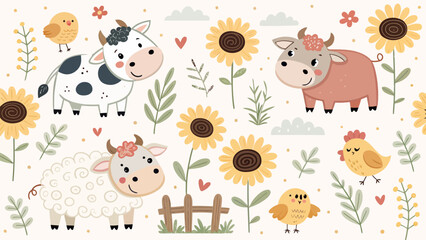 Naklejka premium Cute farm animals pattern with cows, sheep, chickens, sunflowers and hearts on a light background
