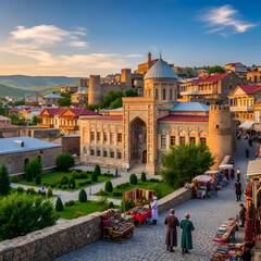 Obraz premium Historic city view with ancient architecture and vibrant market scenes at sunset