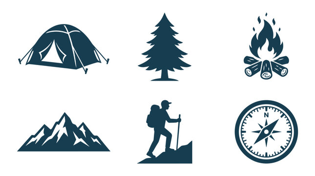 Camping Adventure Icons: Tent, Hiker, Mountains, Fire, Tree, Compass