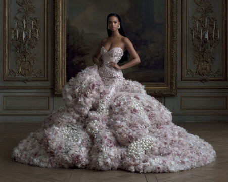 Fashion Model in Pink Couture Gown, Luxury Editorial Fashion