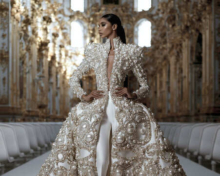 Fashion Model Sitting in Baroque Interior, Couture Editorial