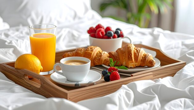 Desayuno en la cama con croissant, caf&eacute;, zumo de naranja y frutos rojos