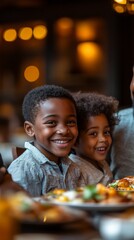 Fototapeta premium The smiling children sitting at the restaurant table set a heart-warming scene that evokes family values, the joy of childhood and shared meals, radiating happiness and love.