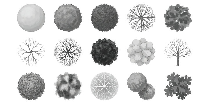 Set of fifteen flat top view tree icons for landscape design architectural plans and garden map elements