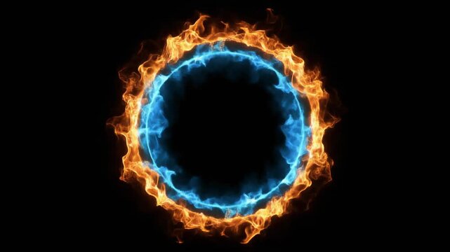 Fiery ring of orange flames and a cyan glow on a black background