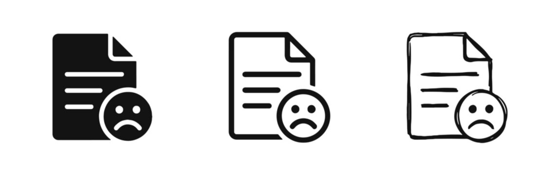 Document Rejection Icon Set with Sad Face Feedback Symbol