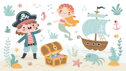 Fototapeta premium Cute pirate boy and mermaid with treasure chest and ship on the beach, vector illustration