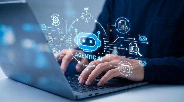 Programmer working on laptop with glowing agentic AI interface featuring robotic icons and code flow symbols representing advanced autonomous artificial intelligence and software automation