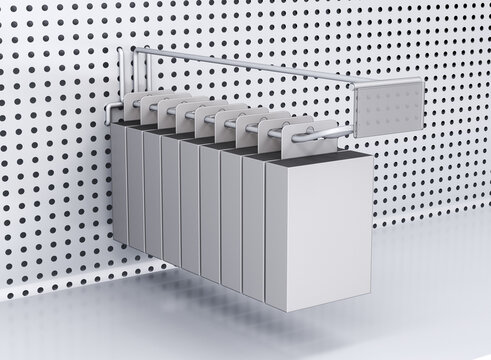 Blank white boxes with euro slot hanging on pegboard euro hook with price holder. 3d illustration