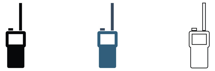Walkie Talkie Radio Icons Communication Device Set. Set of walkie talkie icons in outline, solid, and colored styles with signal waves, representing wireless communication and radio devices. © KD Vector Studio