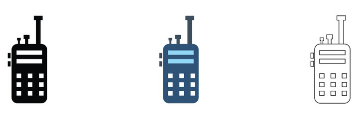 Walkie Talkie Radio Icons Communication Device Set. Set of walkie talkie icons in outline, solid, and colored styles with signal waves, representing wireless communication and radio devices. © KD Vector Studio